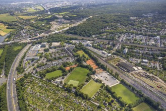 Aerial view, motorway junction Kaiserberg construction site general view, sports centre with