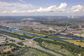 Aerial view, Berlin bridge of motorway A59 over river Ruhr and Rhine-Herne-Canal between motorway