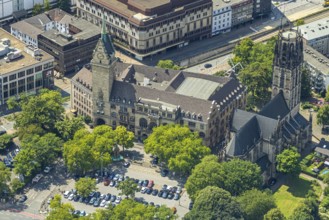 Aerial view, Duisburg city hall with town hall tower, Salvator church with church square, Old Town,