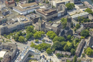 Aerial view, Duisburg city hall with town hall tower, Salvator church with church square, Old Town,