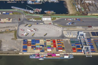 Aerial view, duisport Port of Duisburg, port area, coal island container terminal, container ship,