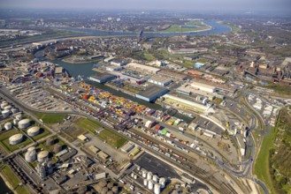 Aerial view, duisport harbour Duisburg, harbour area, steel island south harbour with view to the