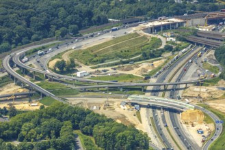 Aerial view, Kaiserberg motorway junction with major construction site, bridge construction,