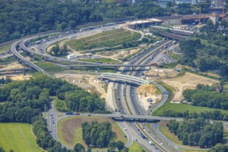 Aerial view, Kaiserberg motorway junction with major construction site, bridge construction,