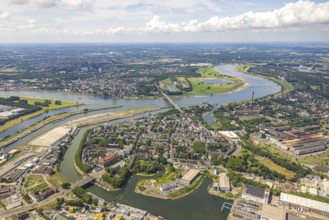 Aerial view, district Ruhrort at Duisburg harbour, river Rhine and Friedrich-Ebert-Bridge, below