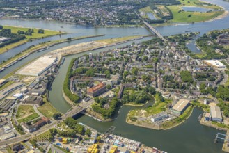 Aerial view, district Ruhrort at Duisburg harbour, river Rhine and Friedrich-Ebert-Bridge, below
