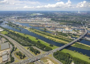 Aerial view, Berlin bridge of motorway A59 over river Ruhr and Rhine-Herne-Canal between motorway