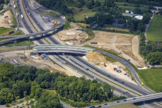 Aerial view, Kaiserberg motorway junction with major construction site, bridge construction,