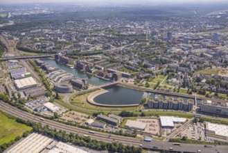 Aerial view, Eurogate staircase inner harbour and commercial buildings, view of Duisburg,