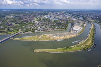 Aerial view, Duisburg harbour general view, Mercatorinsel inland navigation on Vinckekanal and