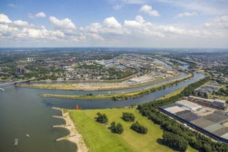 Aerial view, Duisburg harbour general view, Mercatorinsel inland navigation on Vinckekanal and