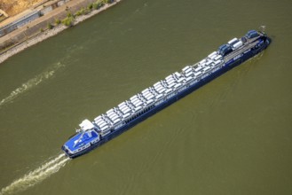 Aerial view, transport ship with car transporter cargo, bee ship on the river Rhine, Alt-Homberg,