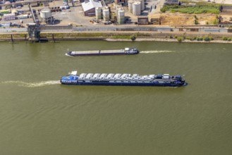 Aerial view, transport ship with car transporter cargo, bee ship on the river Rhine, Alt-Homberg,