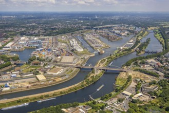 Aerial view, Duisburg harbour general view, Karl-Lehr-Bridge, Ruhrort, Duisburg, Ruhr area, North