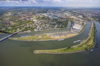Aerial view, Duisburg harbour general view, Mercatorinsel inland navigation on Vinckekanal and