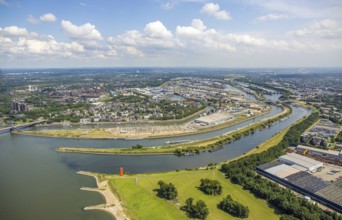 Aerial view, Duisburg harbour general view, Mercatorinsel inland navigation on Vinckekanal and