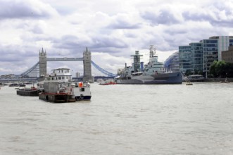 Tower Bridge, Thames, London, England, Great Britain, Boats on the Thames with a view of Tower