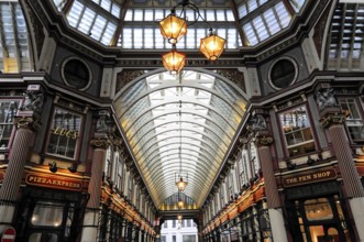 Interior view, Leadenhall Market, London, England, United Kingdom, Elegant arcade with high ceiling
