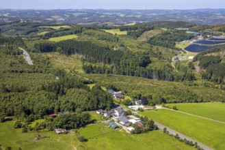 Aerial view, farm and housing estate Neuenwald, federal road B55 corner Neuenwald, forest area with