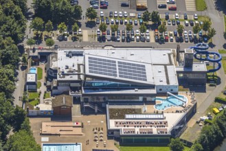 Aerial view, Olpe leisure pool, outdoor and indoor swimming pool with sun loungers and water slide,