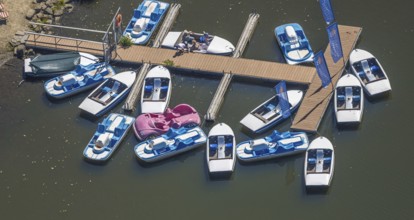 Aerial view, pedal boats at the landing stage at the Biggesee boathouse, people in the boat, shapes