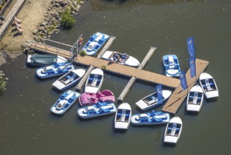Aerial view, pedal boats at the landing stage at the Biggesee boathouse, people in the boat, shapes