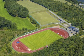 Aerial view, sports facility Kreuzbergstadion, football stadium and athletics stadium, Olpe town,