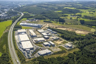 Aerial view, industrial estate Konrad-Zuse-Straße with construction site, in the background