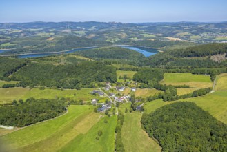 Aerial view, residential area, view of Bürberg district, wooded hilly landscape and view to