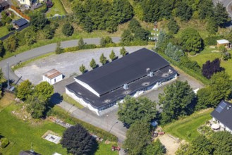 Aerial view, village community hall, Oberveischede, Olpe, Sauerland, North Rhine-Westphalia,