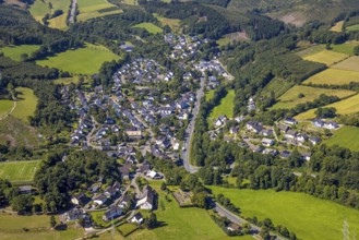 Aerial view, residential area, view of Oberveischede, hilly landscape with distant view,