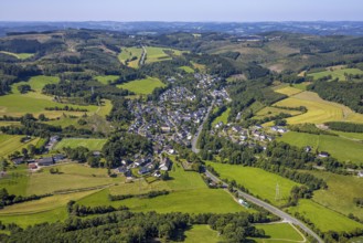 Aerial view, residential area, view of Oberveischede, hilly landscape with distant view,