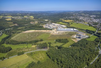 Aerial view, Konrad-Zuse-Straße industrial estate with construction site, Olpe district hazard