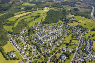 Aerial view, residential area, view of the district of Dahl, below St. Mary's Church and village