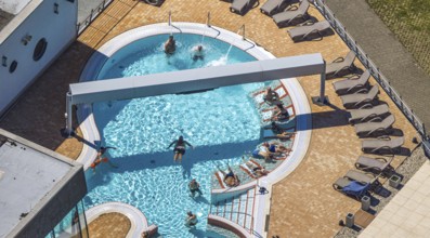 Aerial view, saltwater pool of the Olpe leisure pool, outdoor pool and indoor pool with sun