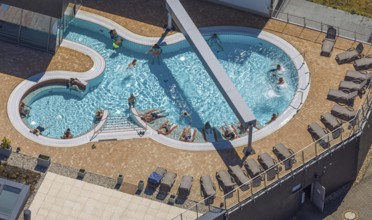 Aerial view, saltwater pool of the Olpe leisure pool, outdoor pool and indoor pool with sun