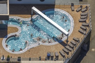 Aerial view, saltwater pool of the Olpe leisure pool, outdoor pool and indoor pool with sun