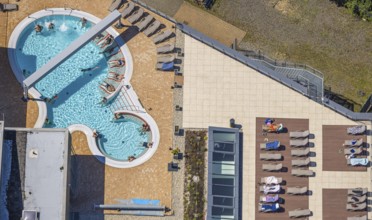 Aerial view, saltwater pool of the Olpe leisure pool, outdoor pool and indoor pool with sun