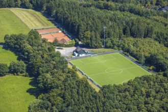 Aerial view, sports field TUS Rhode, grass pitch, artificial turf sports field, Sauerland, Rhode,