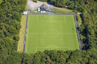 Aerial view, sports field TUS Rhode, grass pitch, artificial turf sports field, Sauerland, Rhode,