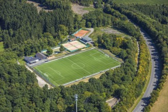 Aerial view, sports field TUS Rhode, grass pitch, artificial turf sports field, Sauerland, Rhode,