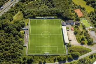 Aerial view, football stadium sports ground VfR Rüblinghausen, Dahl, Olpe, Sauerland, North