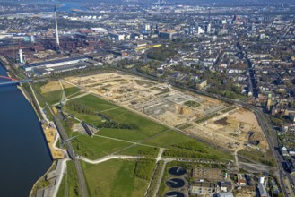 Aerial view, Rheinpark Duisburg on the river Rhine and planned residential complex RheinOrt