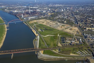 Aerial view, Rheinpark Duisburg on the river Rhine and planned residential complex RheinOrt