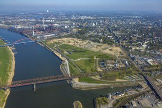 Aerial view, Rheinpark Duisburg on the river Rhine and planned residential complex RheinOrt