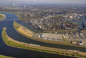 Aerial view, duisport harbour Duisburg, district Ruhrort, Vinckekanal forwarding island and