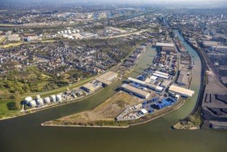 Aerial view, Neuenkamp parallel harbour and outer harbour, river Rhine, Hochfeld, Duisburg, Ruhr