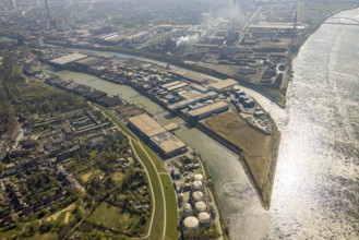 Aerial view, Neuenkamp parallel harbour and outer harbour, river Rhine, Hochfeld, Duisburg, Ruhr