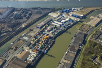 Aerial view, Neuenkamp parallel harbour and outer harbour, container terminal, river Rhine,