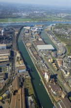 Aerial view, Neuenkamp parallel harbour and outer harbour, river Rhine, HTB Heavylift Terminal